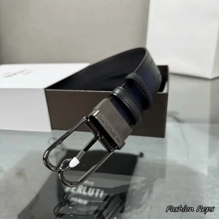 Berluti 35MM Blue Reversible Scritto Leather Belt In Different Buckle Colors