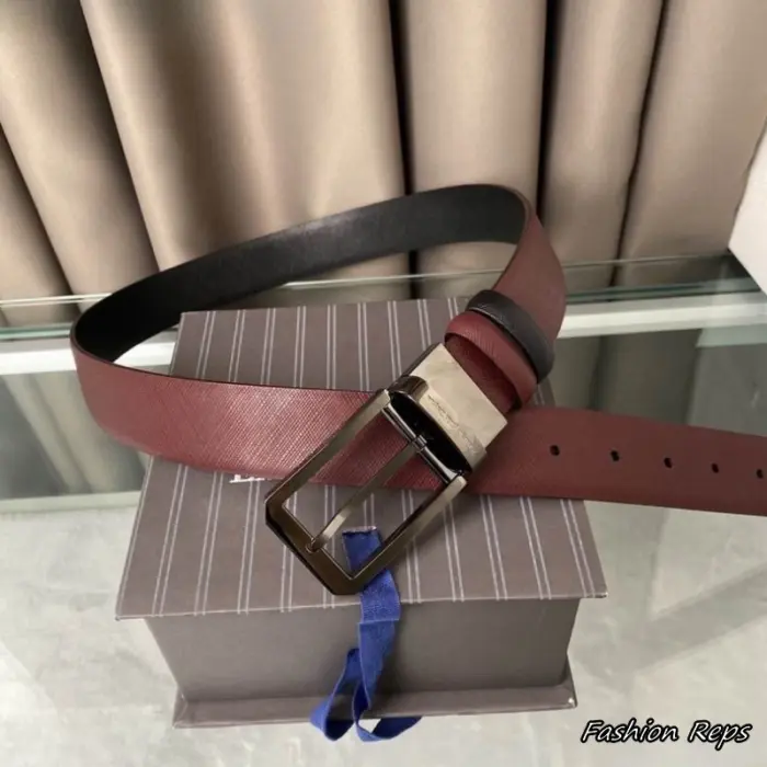 Ermenegildo Zegna 34MM Burgundy Reversible Saffiano Leather Pin Buckle Belt