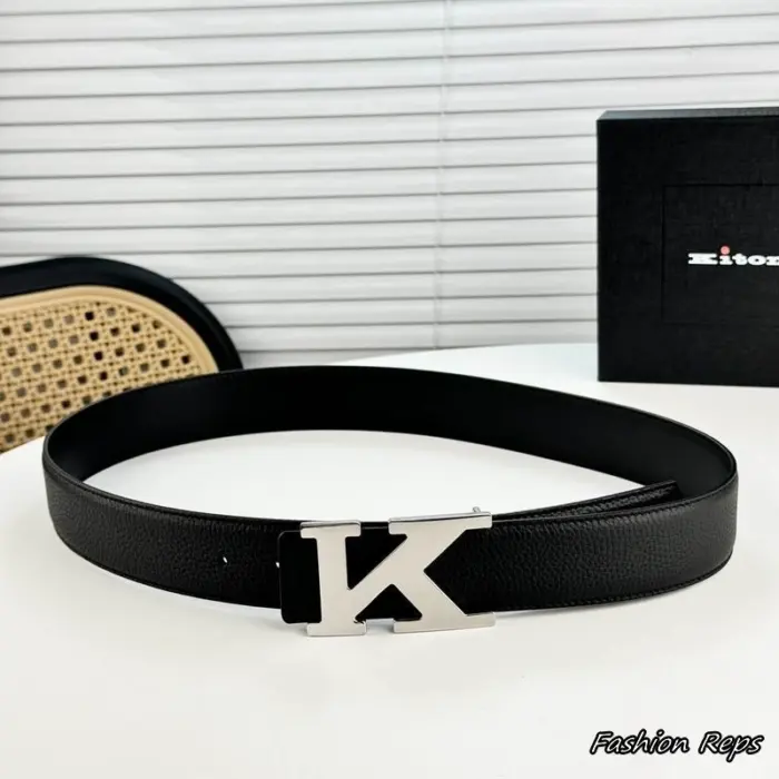 Kiton 35MM Men's Black Pebbled Leather Belt In Different Buckle Colors