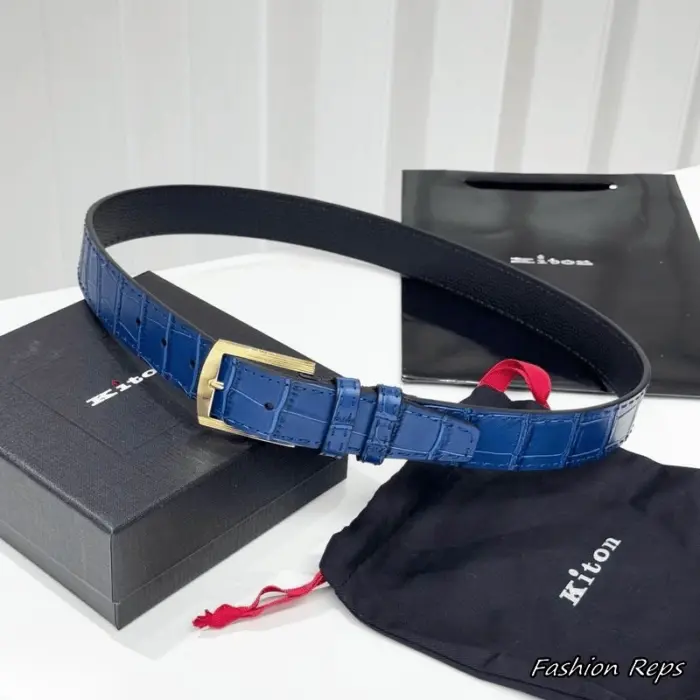 Kiton 35MM Alligator Effect Leather Belt With Gold Textured Buckle