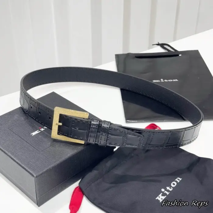 Kiton 35MM Black Crocodile Leather Belt With Golden Tone Frame Buckle
