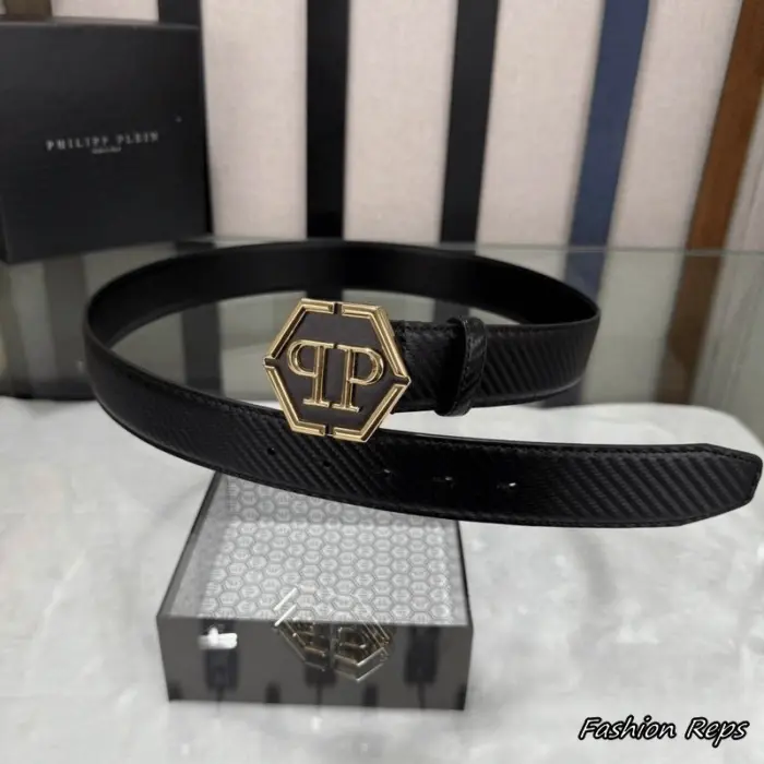 Philipp Plein 30MM Hexagon PP Buckle Carbon Print Leather Belt In Different Buckle Colors