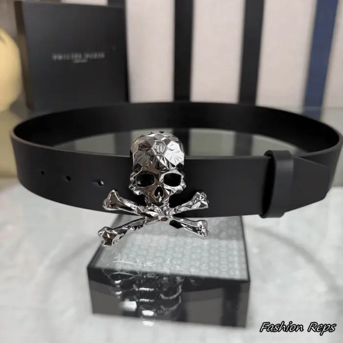 Philipp Plein 30MM Faceted Metallic Skull Buckle Smooth Leather Belt In Different Buckle Colors