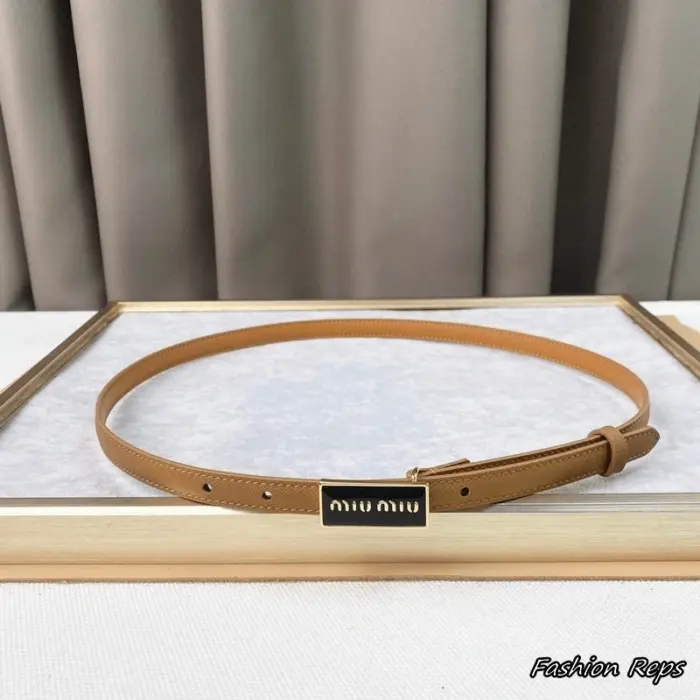 Miu Miu 15MM Rectangular Logo Plaque Textured Brown Leather Belt