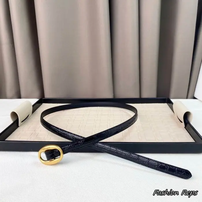 Saint Laurent 15MM Oval Buckle Crocodile Embossed Leather Belt In Different Buckle Colors