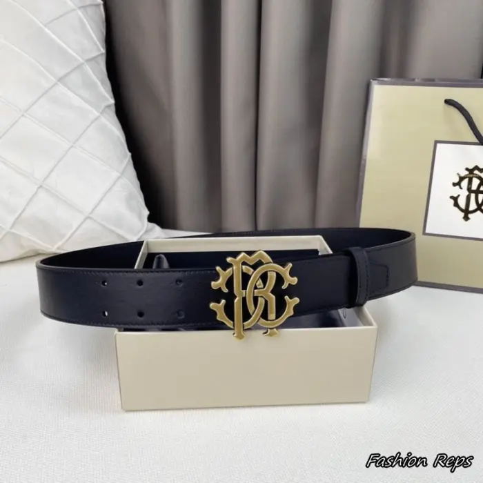 Roberto Cavalli 38MM Baroque Interlocking RC Monogram Leather Belt In Different Buckle Colors