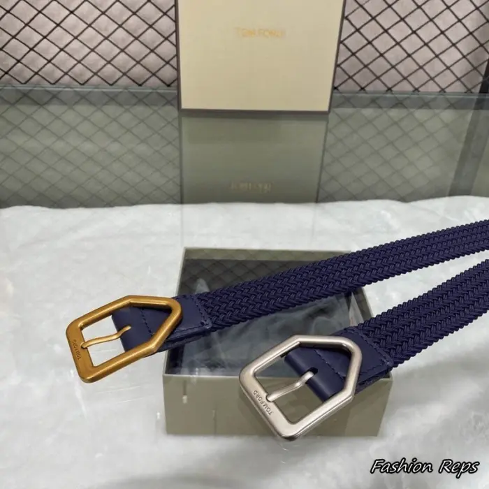 Tom Ford 35MM Navy Blue Woven Stretch Leather Belt In Different Buckle Colors