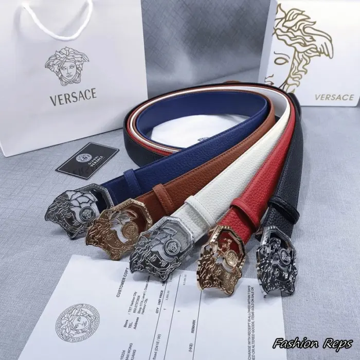 Versace Medusa Cut Out Buckle Pebbled Leather Belts