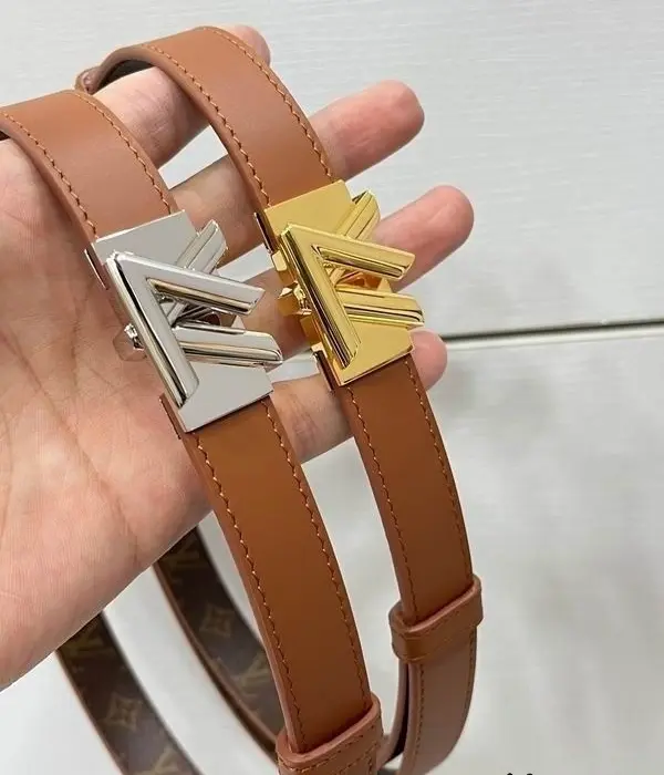 Louis Vuitton 20MM Narrow Cognac Calfskin LV Twist Logo Belt In Different Buckle Colors