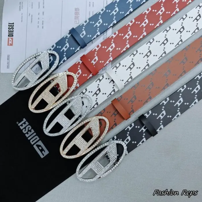 Diesel 38MM Men's Rhinestone Oval D Logo Buckle Micro Monogram Belts