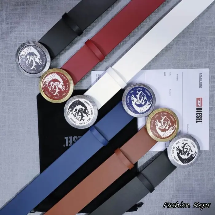 Diesel 38MM Circular Mohican Head Plaque Leather Belts