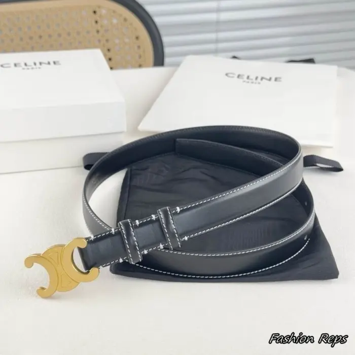 Celine 20MM Black Triomphe Contrast Stitch Leather Belt