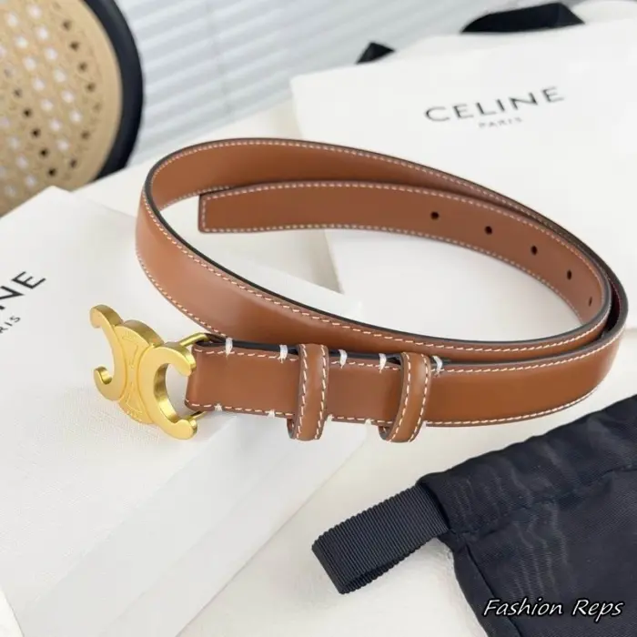 Celine 20MM Brown Triomphe Contrast Stitch Leather Belt