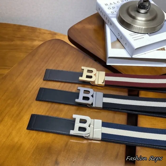 Bally 34MM B Logo Plaque Reversible Stripe Webbing Belts