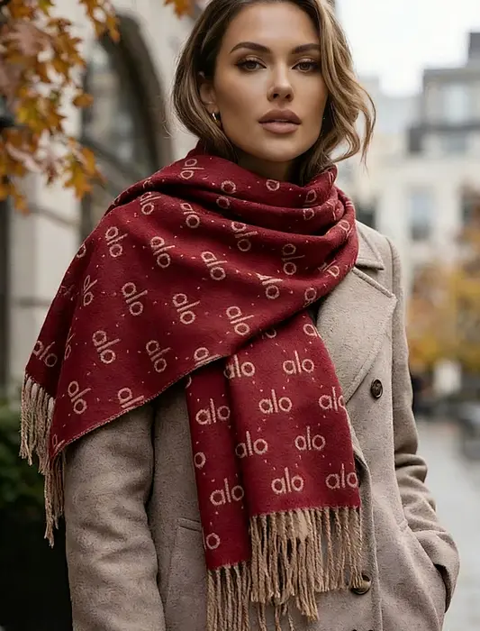 Alo All Over Patterned Winter Scarf With Fringe Trim In 2 Colors