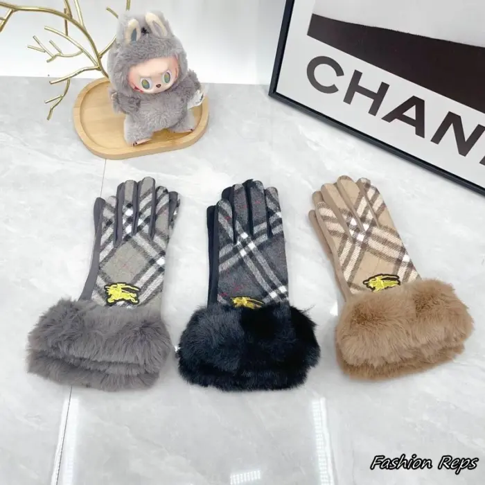 Burberry Vintage Check Plaid Fur Trimmed Gloves In Different Colors