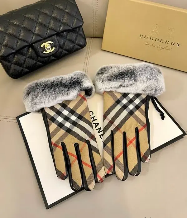 Burberry Check Canvas & Leather Fur Cuff Gloves