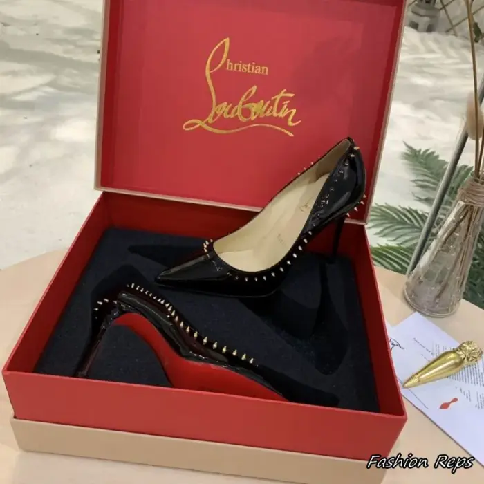 Christian Louboutin Anjalina Patent Heels With Silver Tone Spikes Tracing The Curved Trim In 2 Colors