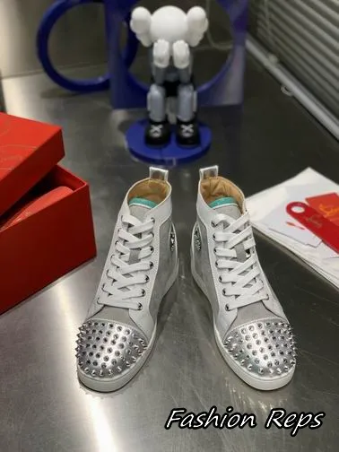 Christian Louboutin High Top Sneakers With Signature Cursive Embroidery & Silver Toned Spiked