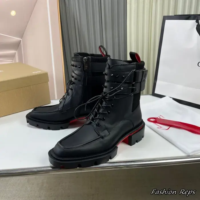 Christian Louboutin Our Fight Combat Boots With Signature Red Soles & Buckled Spike Details