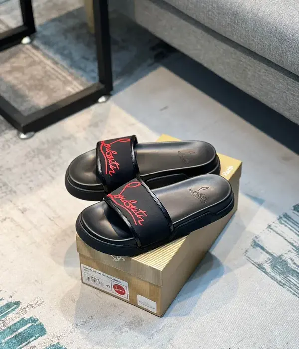 Christian Louboutin Pool Sliders With Signature Red Embroidered Script Across The Strap