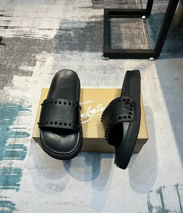 Christian Louboutin Black Sliders With Textured Strap Detailed & Tonal Spikes