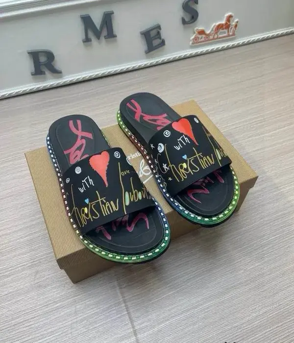 Christian Louboutin Pool Sliders With Colorful Graffiti Style Lettering & Red Heart Accents