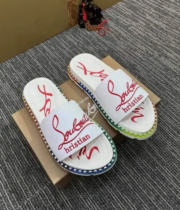 Christian Louboutin Pool Sliders With Large Red Cursive Script In 2 Colors