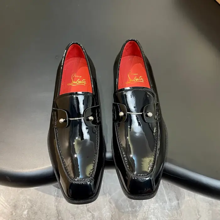 Christian Louboutin Chambelimoc Patent Loafers With Silver Tone Bar Accents