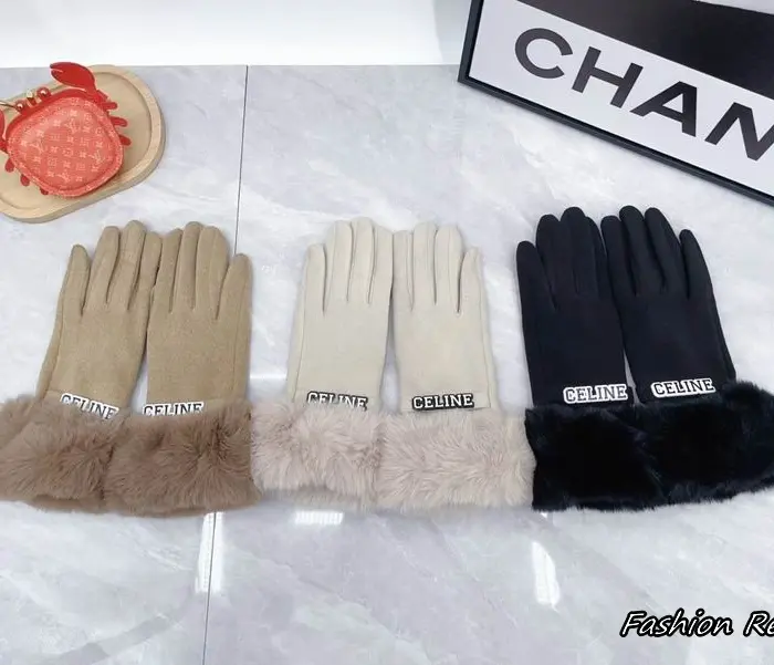 Celine Knit Fur Trimmed Logo Gloves In Different Colors