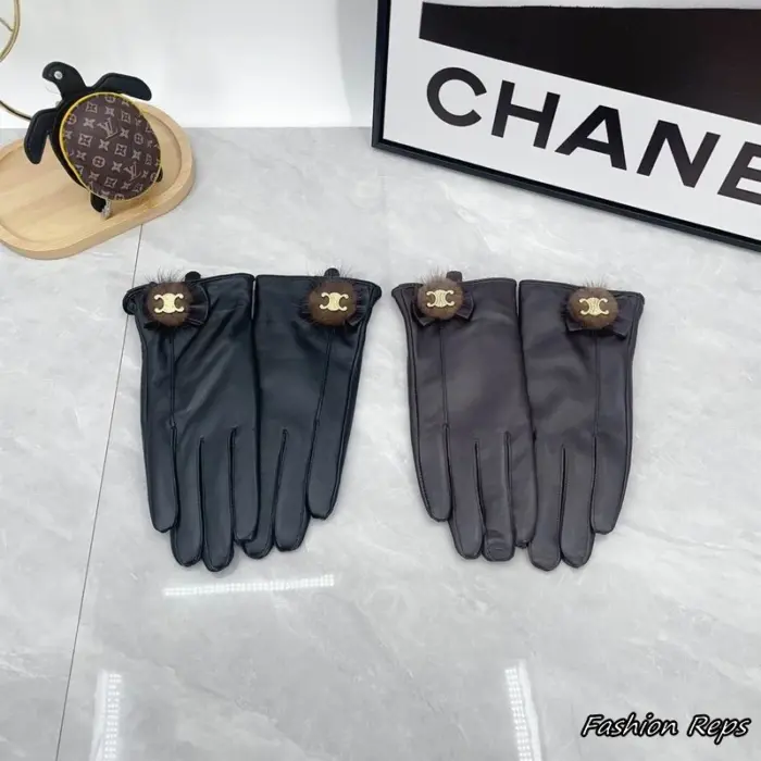 Celine Triomphe Fur Pom Bow Leather Gloves In 2 Colors