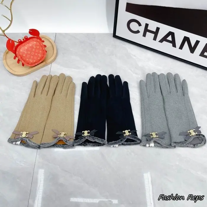 Celine Triomphe Fur Lined Bow Knit Gloves In Different Colors