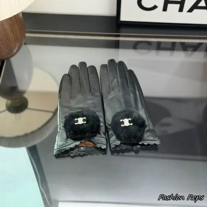 Celine Triomphe Pom Pom Scalloped Leather Gloves