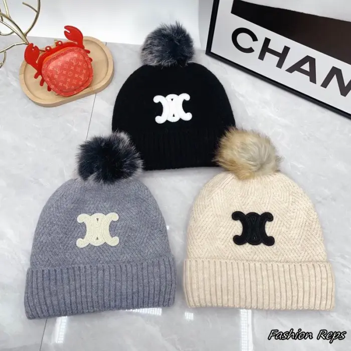 Celine Triomphe Ribbed Pom Pom Beanie In Different Colors