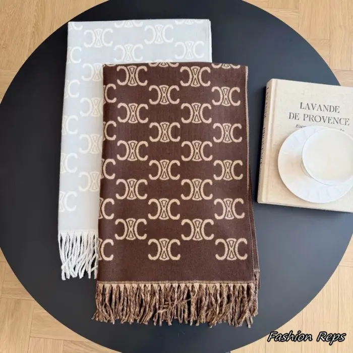 Celine Triomphe Monogram Fringed Scarfs In 2 Colors