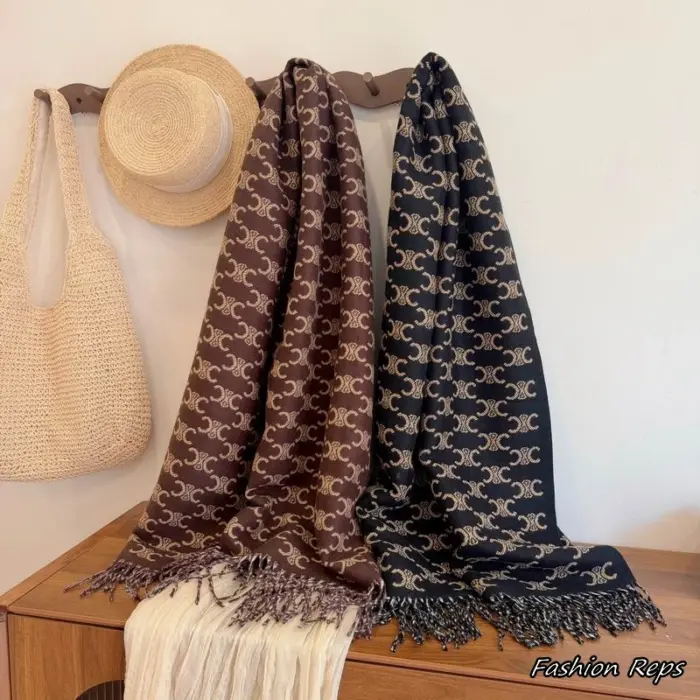 Celine Triomphe Monogram Jacquard Fringed Scarfs In 2 Colors