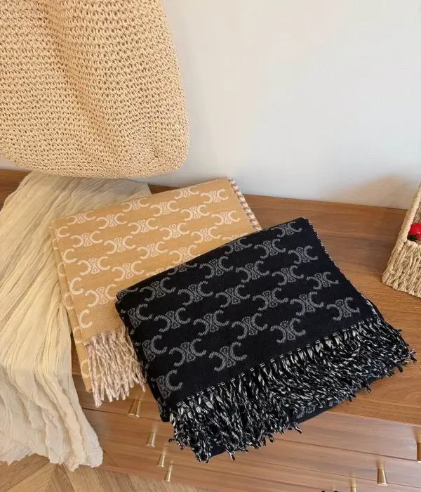 Celine Triomphe Scarfs With Monogram Fringed In 2 Colors