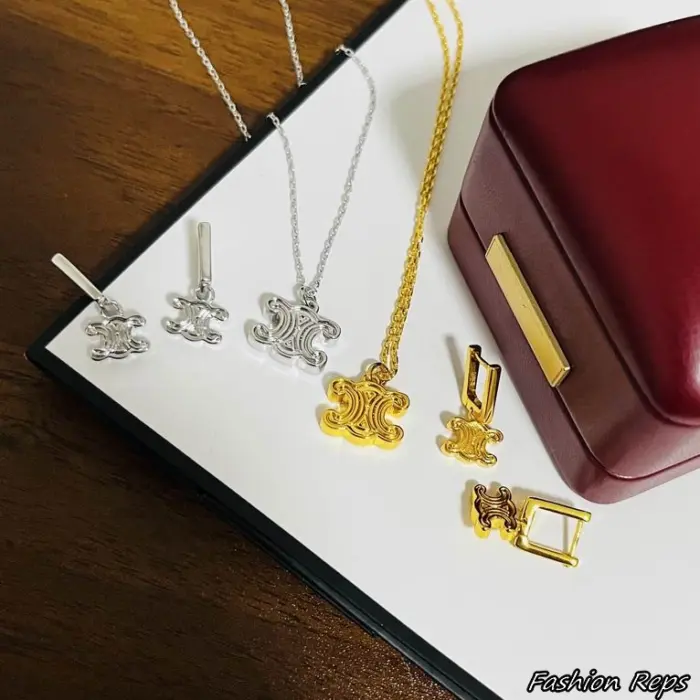 Celine Triomphe Pendant Necklace & Earrings Set In 2 Colors