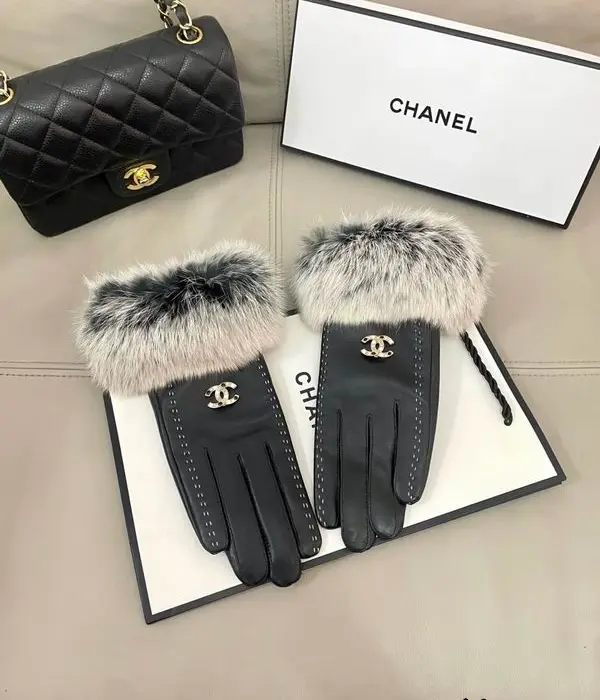 Chanel Perforated Accent Fur Trimmed Leather Gloves