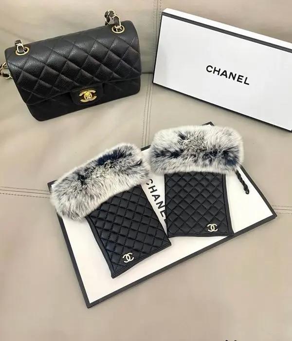 Chanel Quilted Caviar Fingerless Fur Gloves