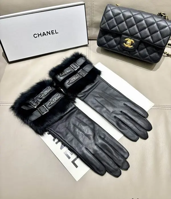 Chanel Double Strap Script Logo Fur Gloves
