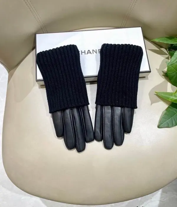 Chanel Ribbed Knit Cuff Leather Gloves In 2 Colors