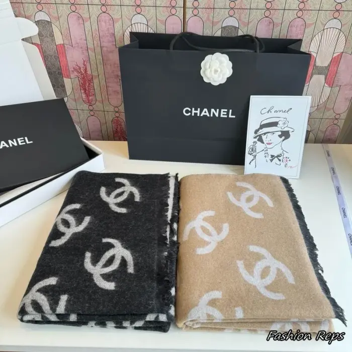 Chanel Cashmere Scarfs With Iconic Interlocking CC Monogram Pattern In 2 Colors