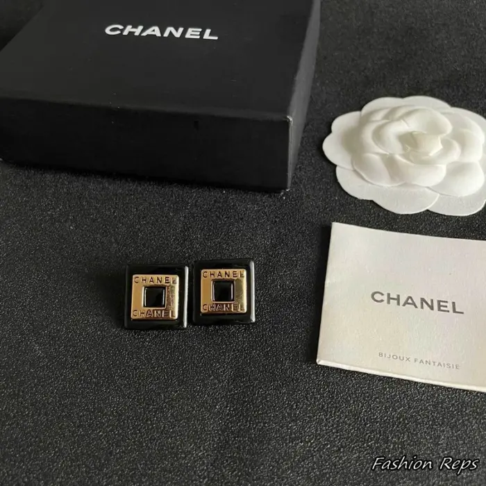 Chanel Square Resin Logo Stud Earrings
