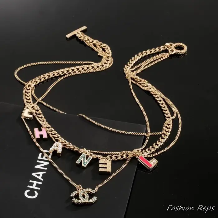 Chanel CC Layered Lettering Charm Necklace