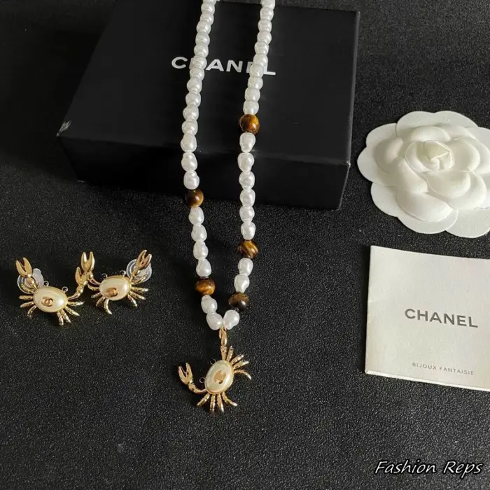 Chanel Coco Beach Crab Motif Pearl Necklace & Earrings Set