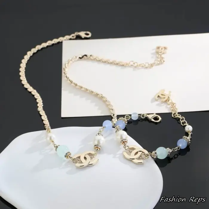 Chanel CC Pastel Beaded Pearl Station Necklace & Bracelet Set