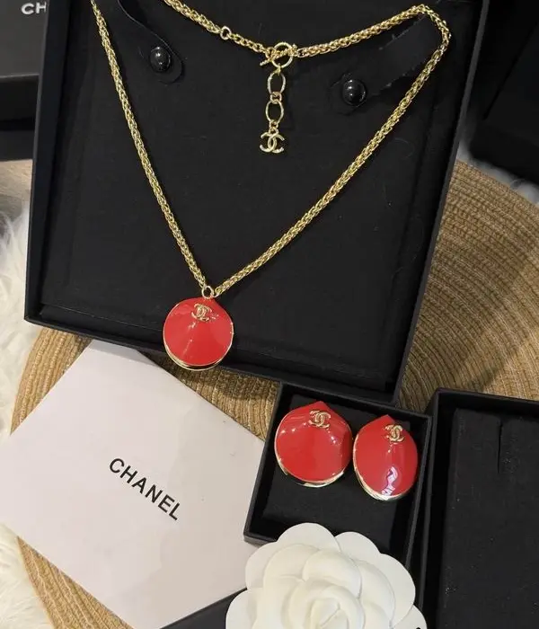 Chanel Red Enamel Button Pendant Necklace & Earrings Set