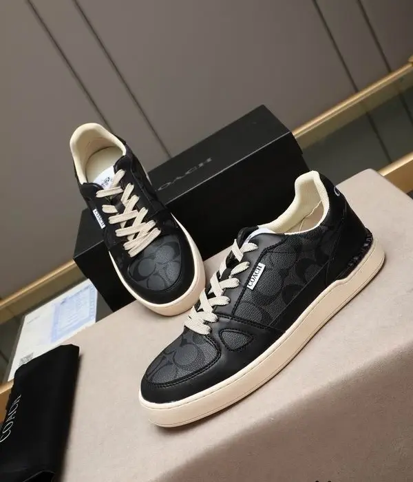 Coach Clip Court Sneakers With Black Signature Monogram Pattern