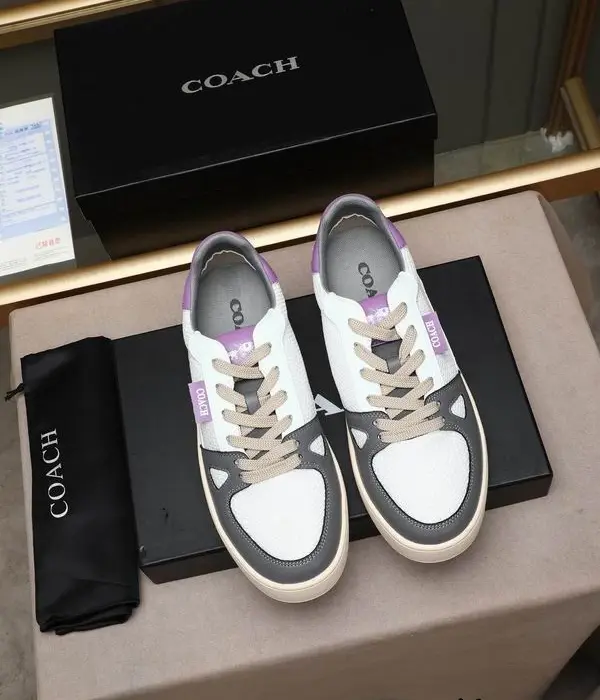 Coach Low Top Sneakers With Purple Heel Tab & Grey Panel Accents